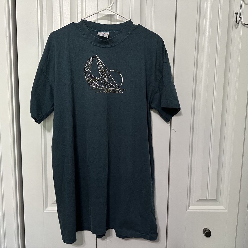 Vintage 90s T Shirt Womens One Size  XL Single Stitch Embellished Sailboat Blue